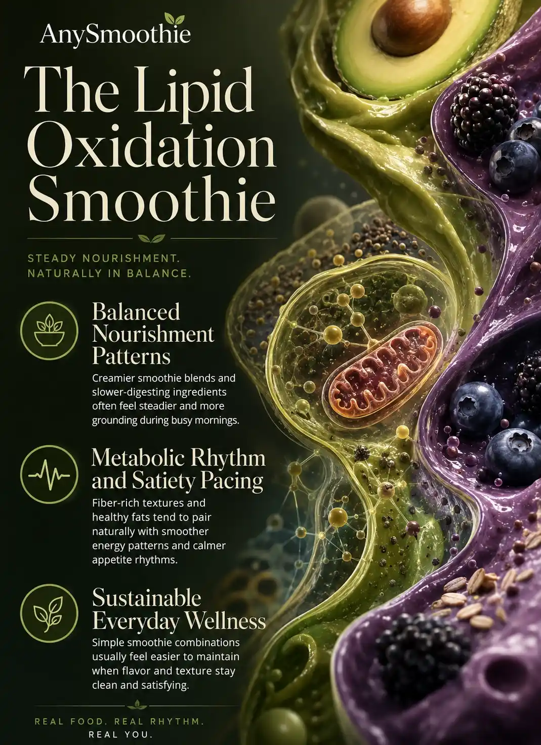 Premium wellness-science infographic for AnySmoothie titled “The Lipid Oxidation Smoothie” featuring avocado and berry smoothie textures, mitochondrial-inspired biological visuals, metabolic rhythm concepts, satiety pacing guidance, and smoothie logic for natural lipid oxidation in a cinematic editorial design.