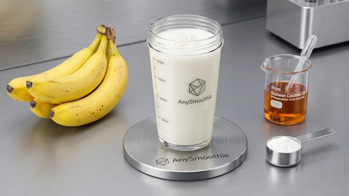 A sharp, clinical shot of an opaque ivory-white protein shake demonstrating smoothie protocols for mtor activation by AnySmoothie. The minimalist technical shaker glass rests on a brushed-titanium coaster with a laser-etched logo, surrounded by a precise scoop of pure leucine powder, an amber beaker of soybean lecithin oil for phosphatidic acid, and ripe bananas under high-intensity, power-focused lighting.