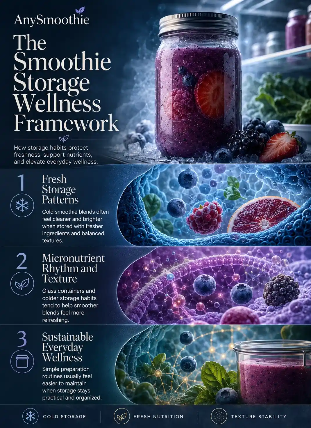 Premium wellness-science infographic about smoothie storage and micronutrient stability featuring cold storage habits, fresh berry smoothies in glass containers, intracellular-inspired nutrition visuals, and sustainable everyday wellness preparation routines.