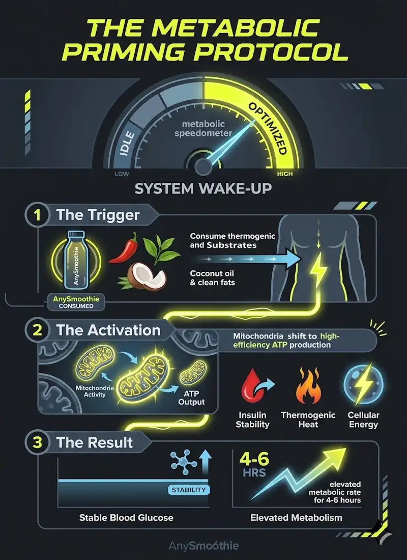 Infographic of the AnySmoothie Metabolic Priming Protocol showing the system wake-up process: thermogenic substrate consumption, mitochondrial ATP activation, and stable blood glucose results for optimized metabolic rate.