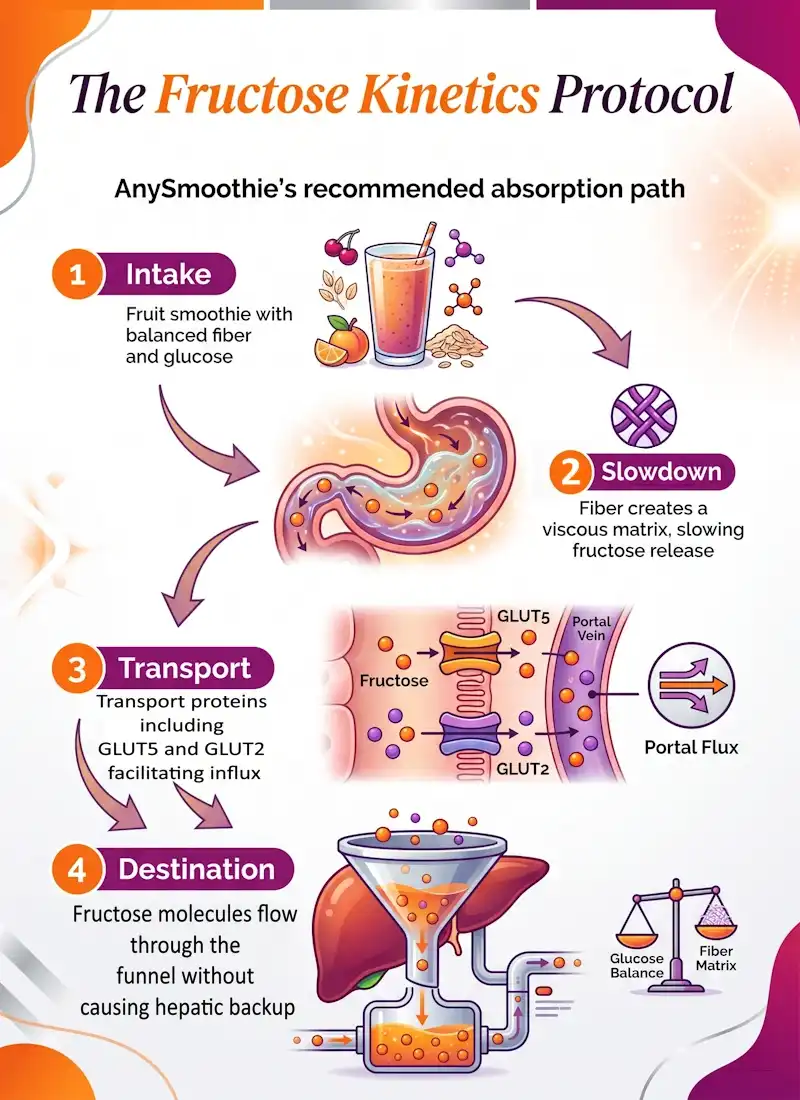 Infographic detailing the AnySmoothie Fructose Kinetics Protocol showing the biochemical absorption path of a fruit smoothie through the fiber matrix, GLUT5 transporters, and steady liver processing.