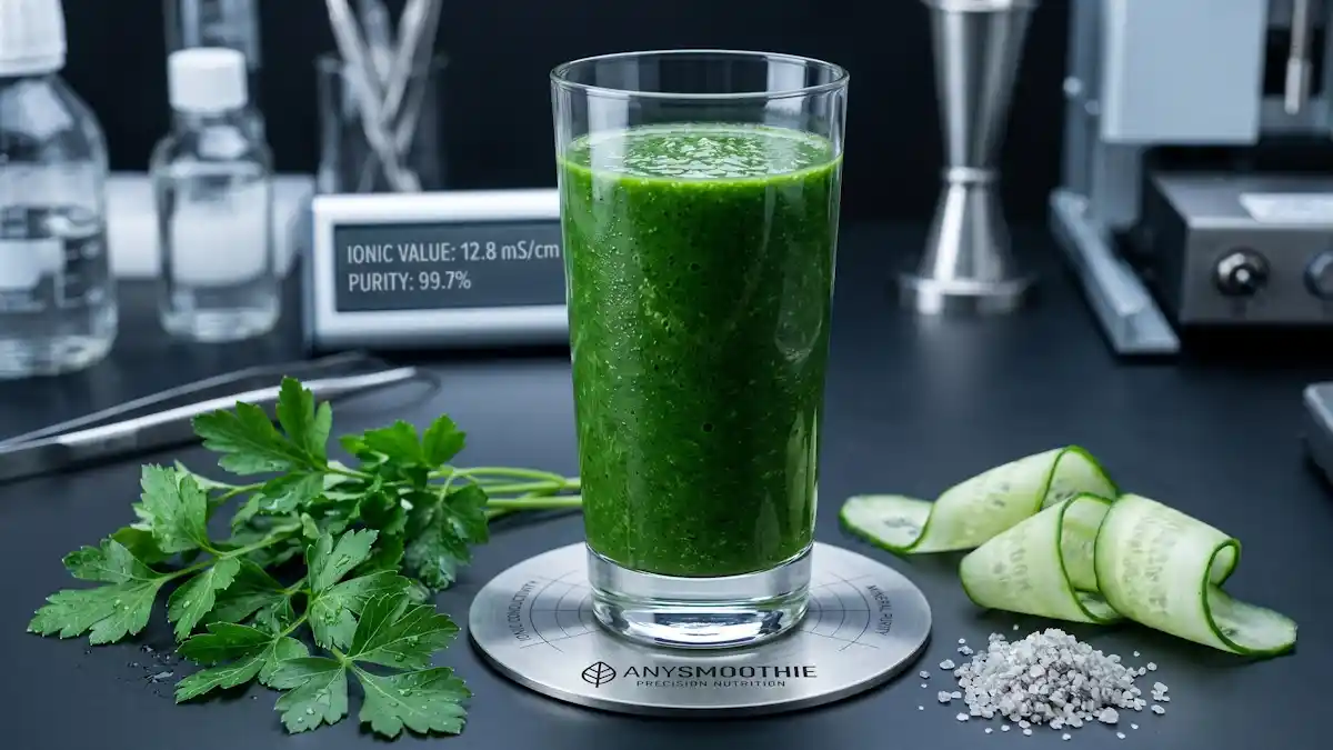 High-performance AnySmoothie green smoothie protocols featuring cellular mineral saturation via emerald-green liquid, flat-leaf parsley, cucumber ribbons, and Celtic sea salt on a titanium coaster in a precision laboratory setting.