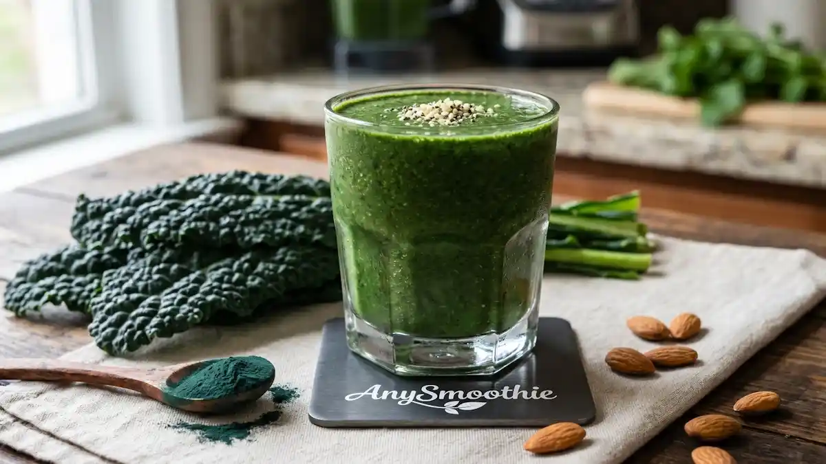 High-performance nutrient density smoothie in architectural glass with AnySmoothie logo, featuring Tuscan kale, spirulina powder, and almonds to support satiety signaling.