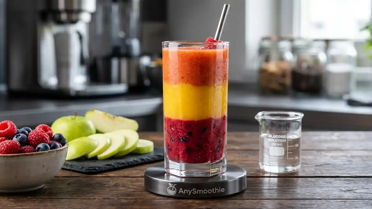 High-performance layered fruit smoothie on a laser-etched AnySmoothie graphite coaster, featuring fresh raspberries and sliced green apples to demonstrate fruit smoothie protocols and optimized fructose kinetics.