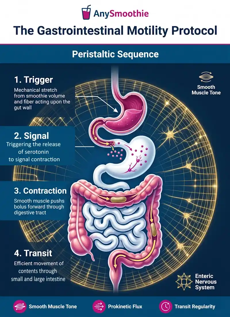 Infographic of AnySmoothie Gastrointestinal Motility Protocol showing the four stages of the peristaltic sequence: Trigger, Signal, Contraction, and Transit. The visual features a golden glowing grid representing the Enteric Nervous System (ENS) against a deep ocean blue background, including icons for Smooth Muscle Tone, Prokinetic Flux, and Transit Regularity.