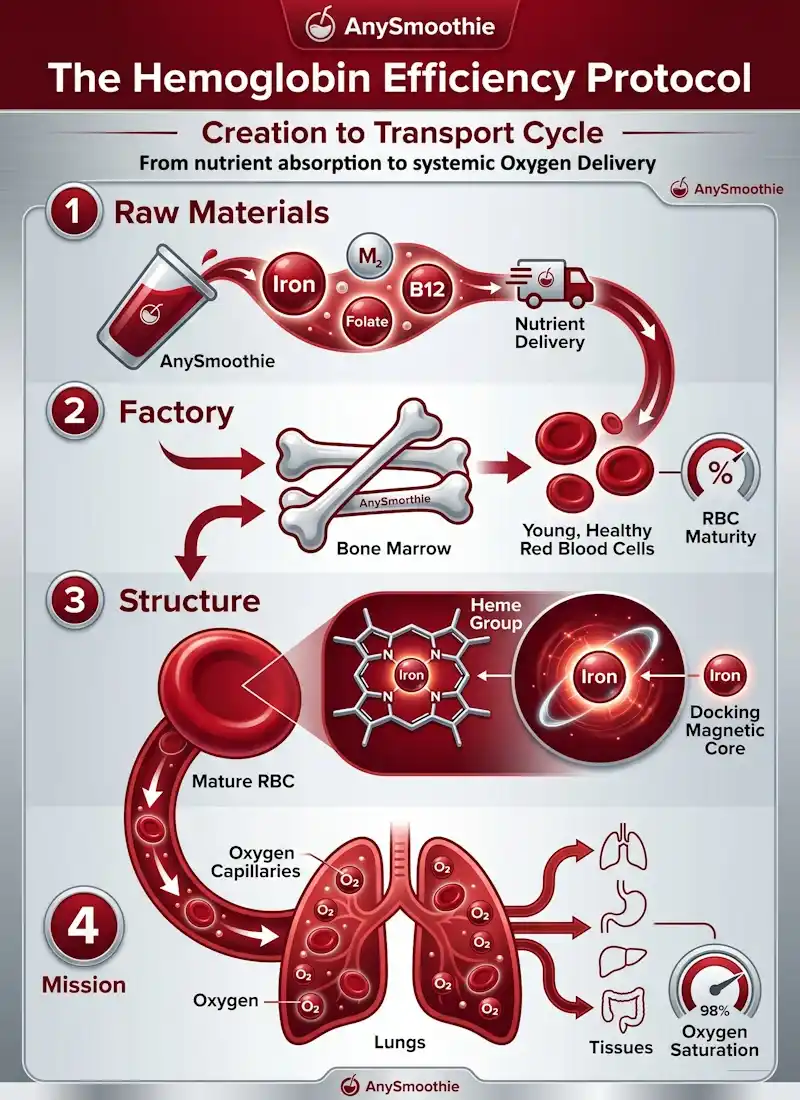 Professional infographic showing the Hemoglobin Efficiency Protocol by AnySmoothie, detailing the creation to transport cycle of red blood cells through iron, folate, and B12 nutrient delivery for optimized physiological systems.
