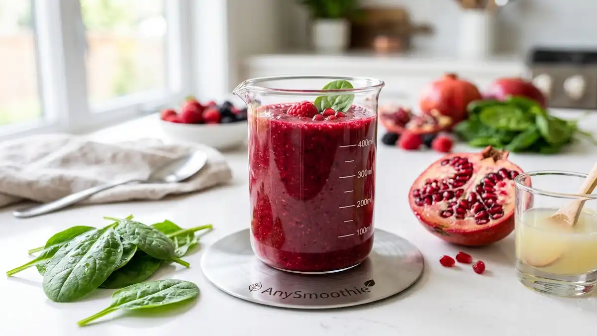 High-performance AnySmoothie crimson berry and beet smoothie in a lab-grade glass beaker on a laser-etched steel coaster, illustrating optimized smoothie protocols for hemoglobin efficiency through biochemical nutrient density.