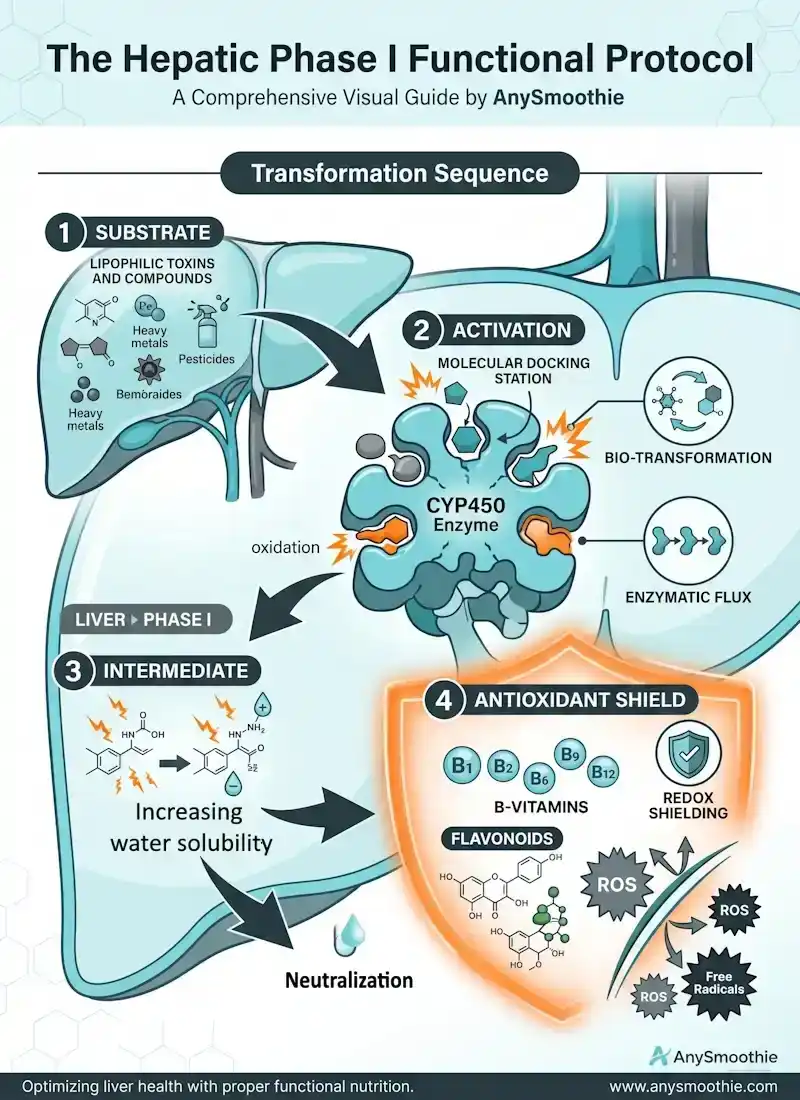 Professional functional protocol infographic for AnySmoothie showing the Hepatic Phase I Transformation Sequence, including CYP450 enzyme activation, lipophilic substrate entry, and B-vitamin antioxidant shielding for biochemical optimization.