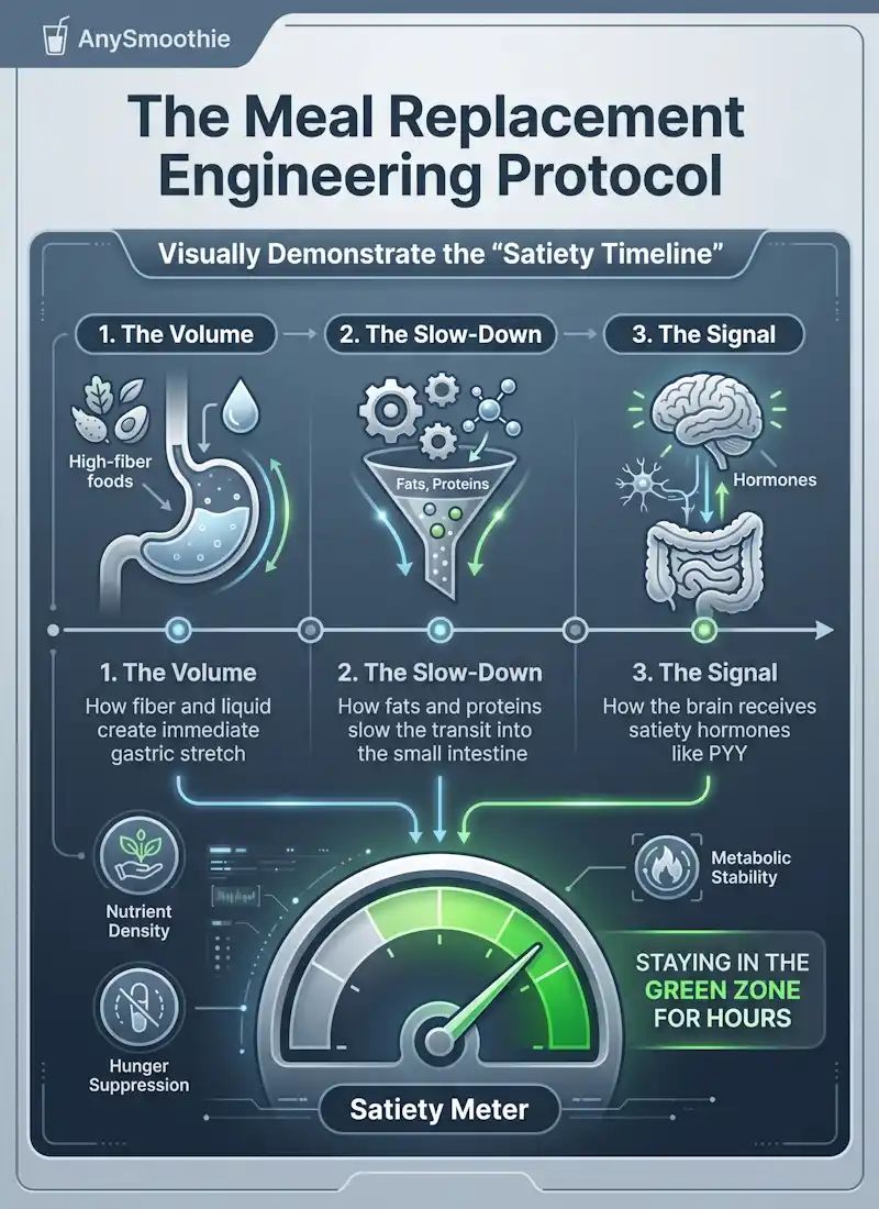 Professional infographic showing the AnySmoothie meal replacement engineering protocol, illustrating the satiety timeline, biochemical nutrient density, and a filling meal replacement smoothies guide for metabolic stability.