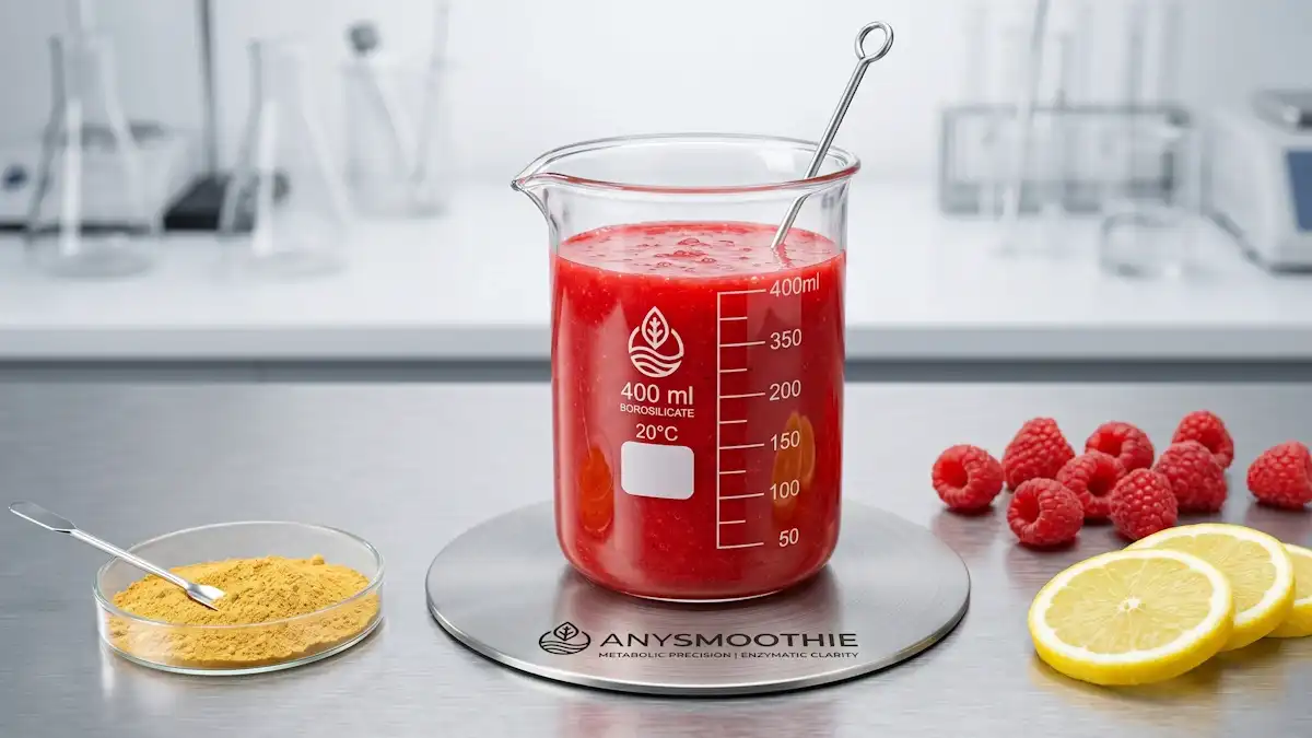 A bright red berry smoothie in a laboratory borosilicate beaker on a titanium coaster, featuring AnySmoothie branding, B-vitamin complex, and fresh raspberries, highlighting smoothie protocols and hepatic phase I functional support.