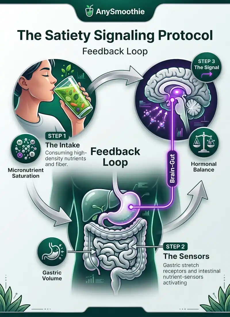 Professional infographic showing the Satiety Signaling Protocol by AnySmoothie: illustrating the feedback loop between nutrient density intake, gastric stretch receptor activation, and hypothalamic hormonal signaling for physiological balance.