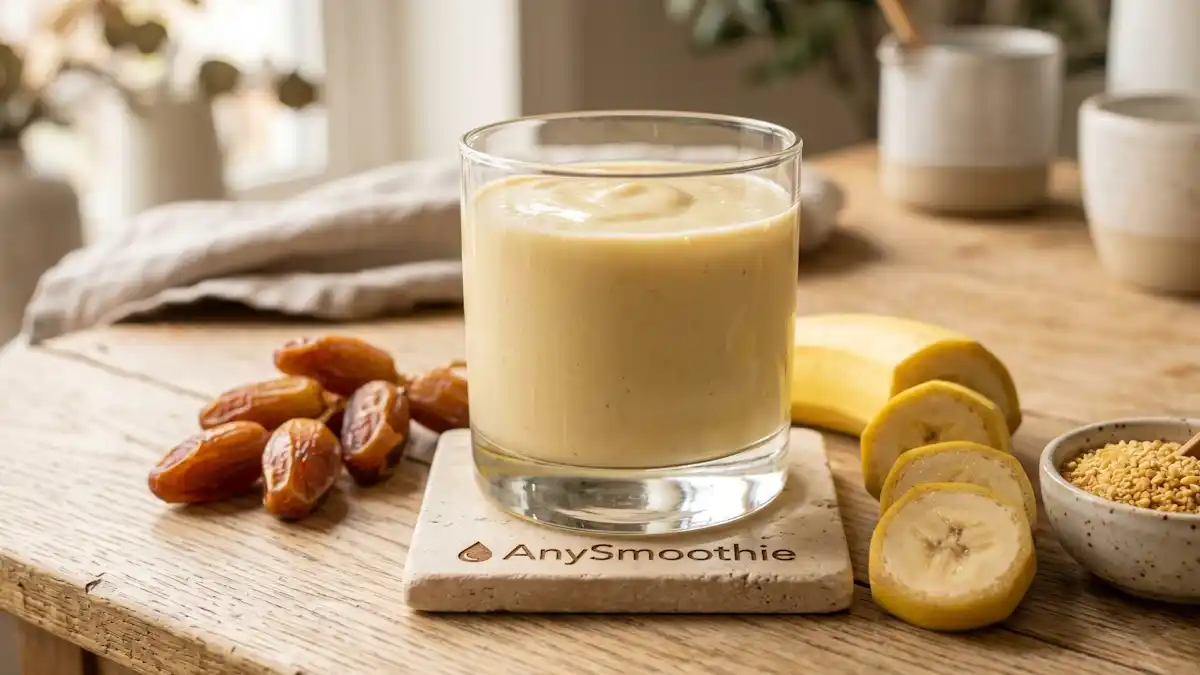 High-performance banana smoothie formulation in a heavy-bottomed glass on a travertine coaster, emphasizing ingredient synergy for mucosal protection and internal physiological comfort.