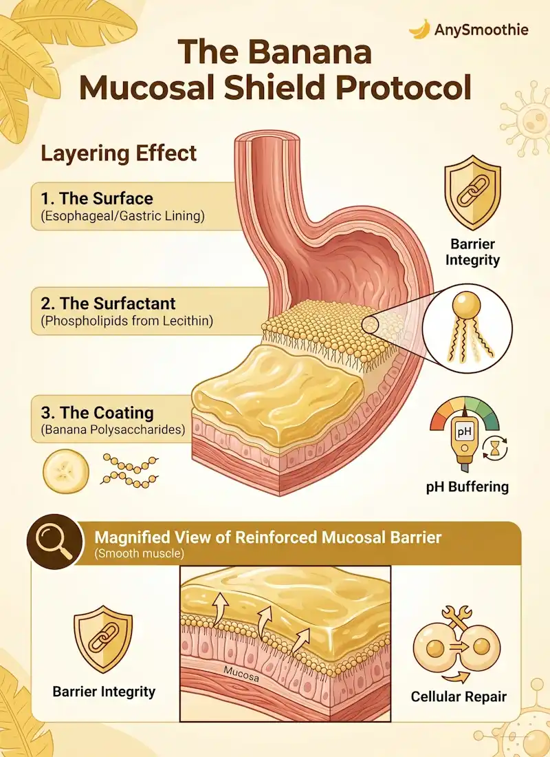 Professional infographic titled 'The Banana Mucosal Shield Protocol' by AnySmoothie, illustrating the three-layer layering effect of a banana smoothie formulation for mucosal protection, including phospholipids and polysaccharides reinforcing the gastric lining.
