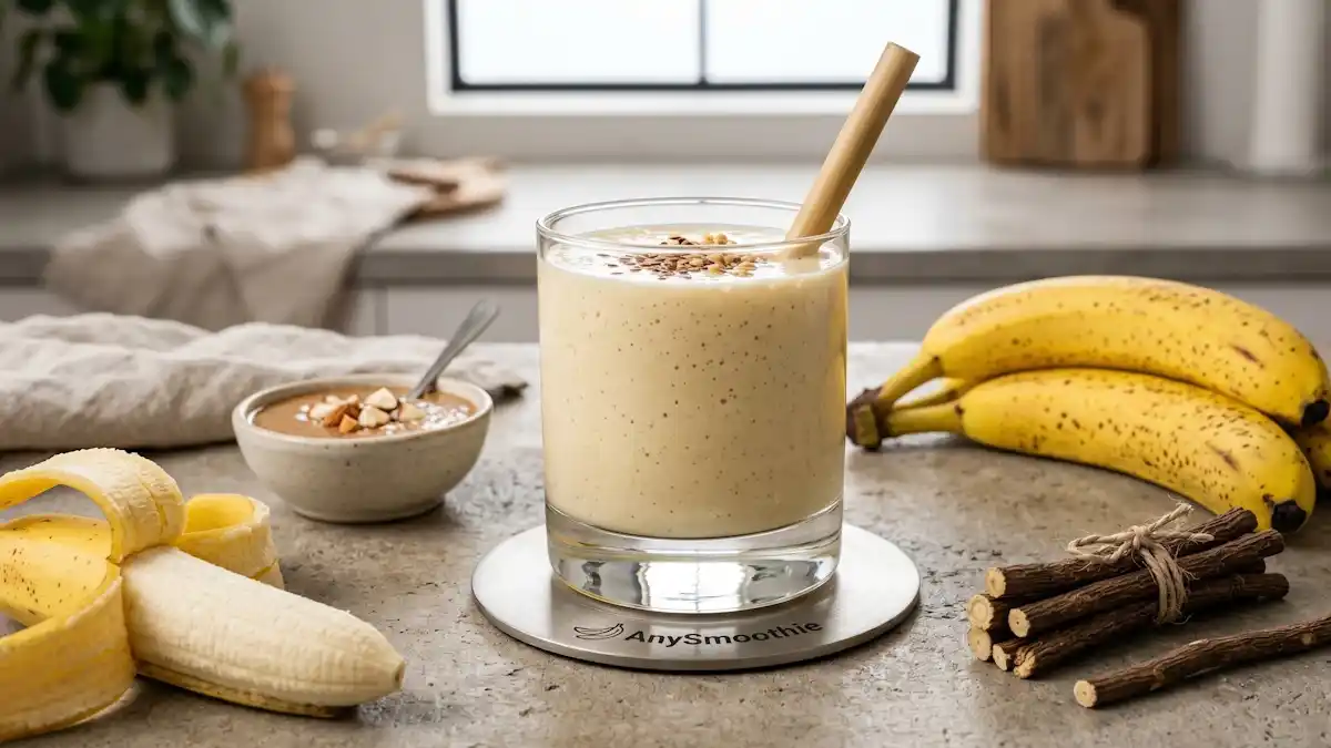 High-resolution overhead shot of a creamy banana smoothie with almond butter and licorice root, emphasizing dietary protocols for optimizing natural pathways and supporting physiological systems.