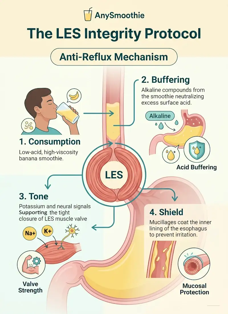 Infographic detailing the LES Integrity Protocol and Anti-Reflux Mechanism using a high-viscosity banana smoothie to support physiological systems. Illustrates acid buffering, mucosal protection, and LES valve strength through biochemical mechanics.