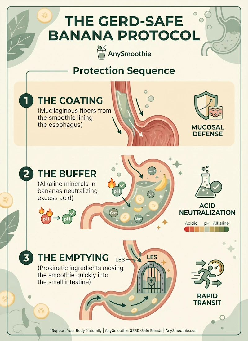 Vertical professional infographic for AnySmoothie titled 'The GERD-Safe Banana Protocol'. It visualizes the Protection Sequence: esophageal coating with mucilaginous fibers, pH buffering with alkaline minerals, and rapid gastric emptying. Features a reinforced gate icon for the esophageal sphincter. Keywords: best banana smoothie ingredients gerd.