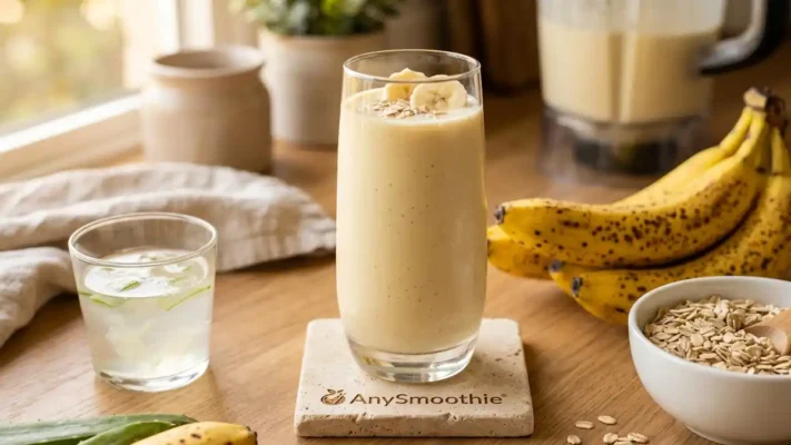 A high-performance banana smoothie with gluten-free oats and aloe vera juice, highlighting the best banana smoothie ingredients for gerd support through structural-soothing and optimizing natural pathways.