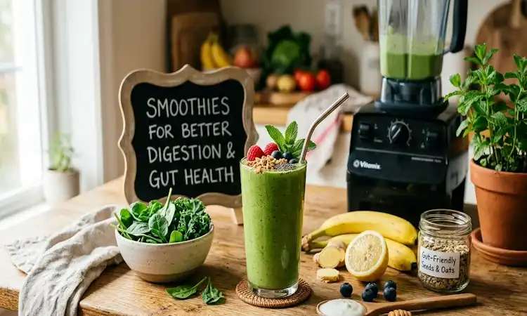 A vibrant green smoothie topped with berries and seeds next to a Vitamix blender, spinach, and ginger, illustrating a better digestion smoothie for gut health.