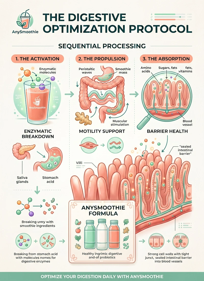 Vertical professional infographic for AnySmoothie titled 'The Digestive Optimization Protocol'. It illustrates sequential processing: enzyme activation, prokinetic propulsion for peristaltic waves, and nutrient absorption through intestinal villi. Styled in mint green, clinical white, and soft coral. Key terms: better digestion smoothie and gut health support.