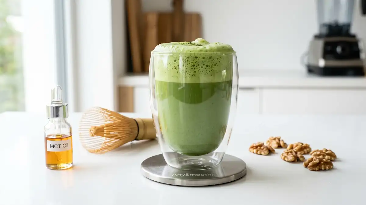 High-performance AnySmoothie jade-green matcha smoothie in a double-walled glass with laser-etched logo, featuring MCT oil, a bamboo whisk, and raw walnuts to visualize breakfast smoothie protocols for metabolic priming and cognitive clarity.