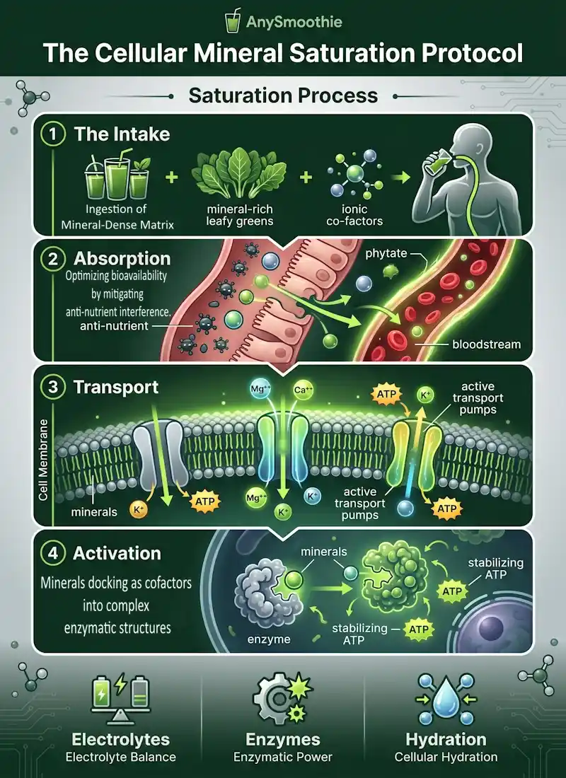 Infographic titled "The Cellular Mineral Saturation Protocol" for AnySmoothie, showing the 4-stage biochemical saturation process of minerals from green smoothies into human cells with high-tech illustrations of cell membranes and ATP stabilization.