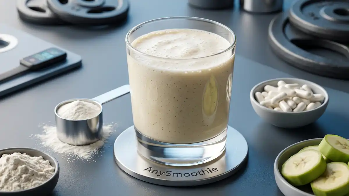 A clinical-style presentation of creatine smoothie protocols on an AnySmoothie branded coaster, featuring a nutrient-dense shake alongside measured powder and capsules to support the phosphagen system and cellular energy pathways.