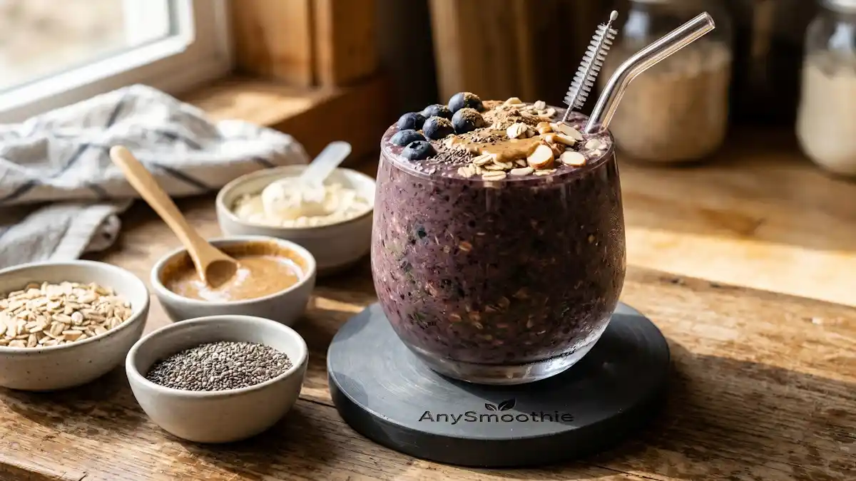 A dense, multi-textured smoothie in a wide-rimmed glass featuring the AnySmoothie logo, surrounded by almond butter, rolled oats, and protein powder to illustrate a filling meal replacement smoothies guide for optimizing natural metabolic pathways.