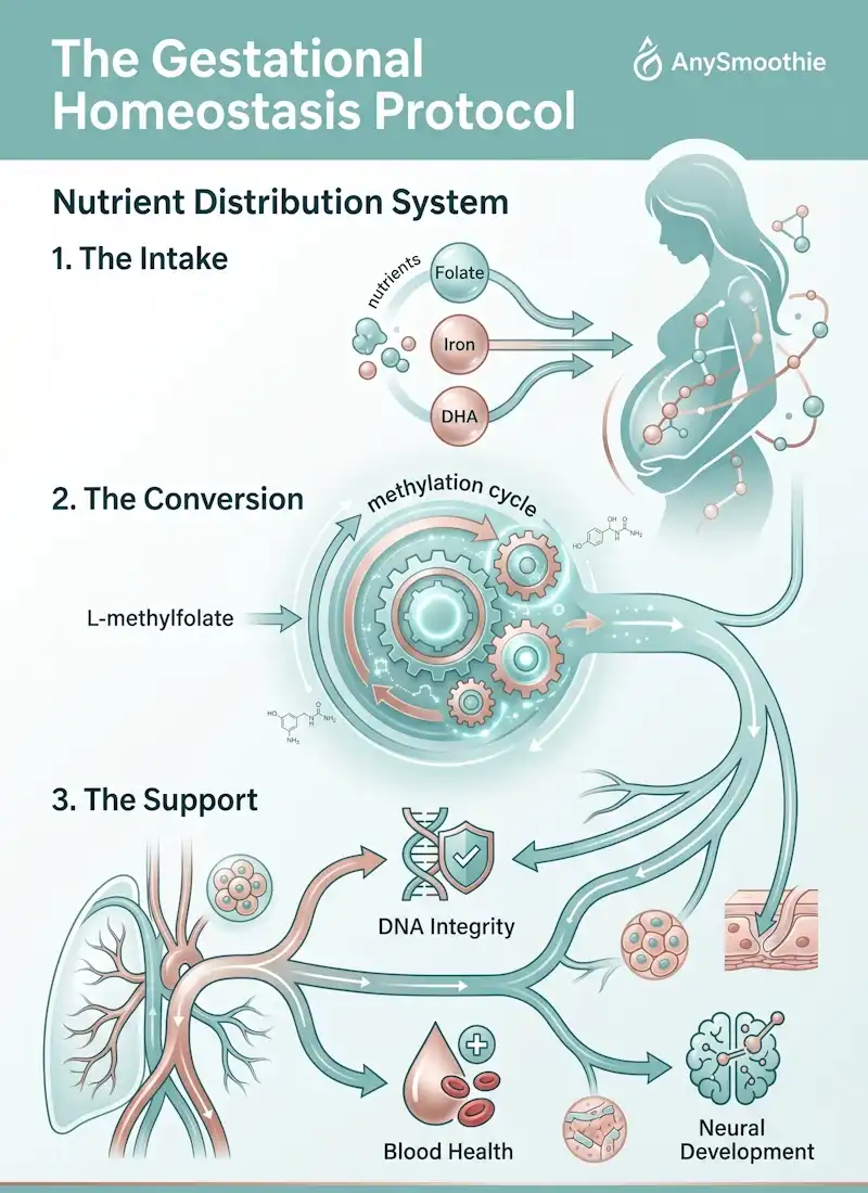 A vertical infographic for AnySmoothie titled "The Gestational Homeostasis Protocol" illustrating the nutrient distribution system. It features a technical diagram of folate, iron, and DHA intake, an L-methylfolate conversion gears-mechanism for the methylation cycle, and vascular pathways supporting DNA integrity, blood health, and neural development in a soft teal and rose gold clinical style.
