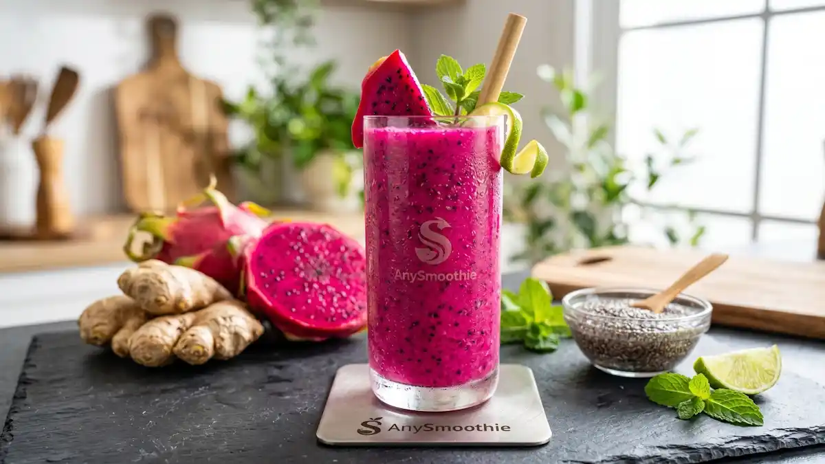 Vibrant pink dragon fruit smoothie with ginger and chia seeds on a laser-etched titanium AnySmoothie coaster, representing advanced smoothie protocols for optimizing natural pathways and supporting physiological systems.