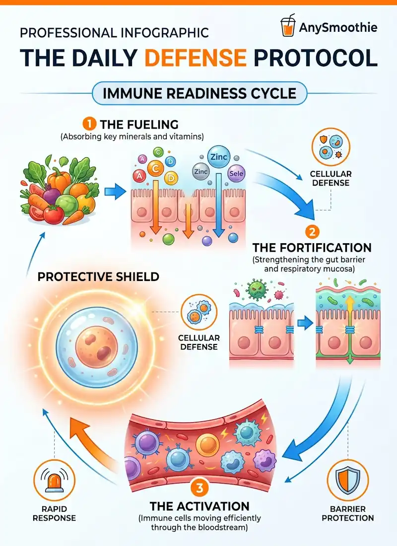 Professional vertical infographic for AnySmoothie titled 'The Daily Defense Protocol' showing the Immune Readiness Cycle: Fueling, Fortification, and Activation. Features a human cell protected by an electric blue shield and icons for cellular defense, rapid response, and barrier protection. Optimized for immune boosting smoothies for daily defense.