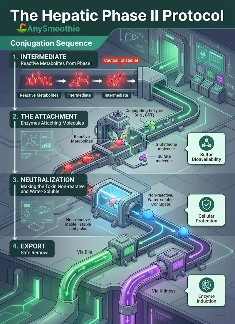 Infographic illustrating the Hepatic Phase II Protocol for AnySmoothie, showing the four-stage conjugation sequence of reactive metabolites within a high-tech liver cell processing plant, featuring sulfur bioavailability and enzyme induction pathways.