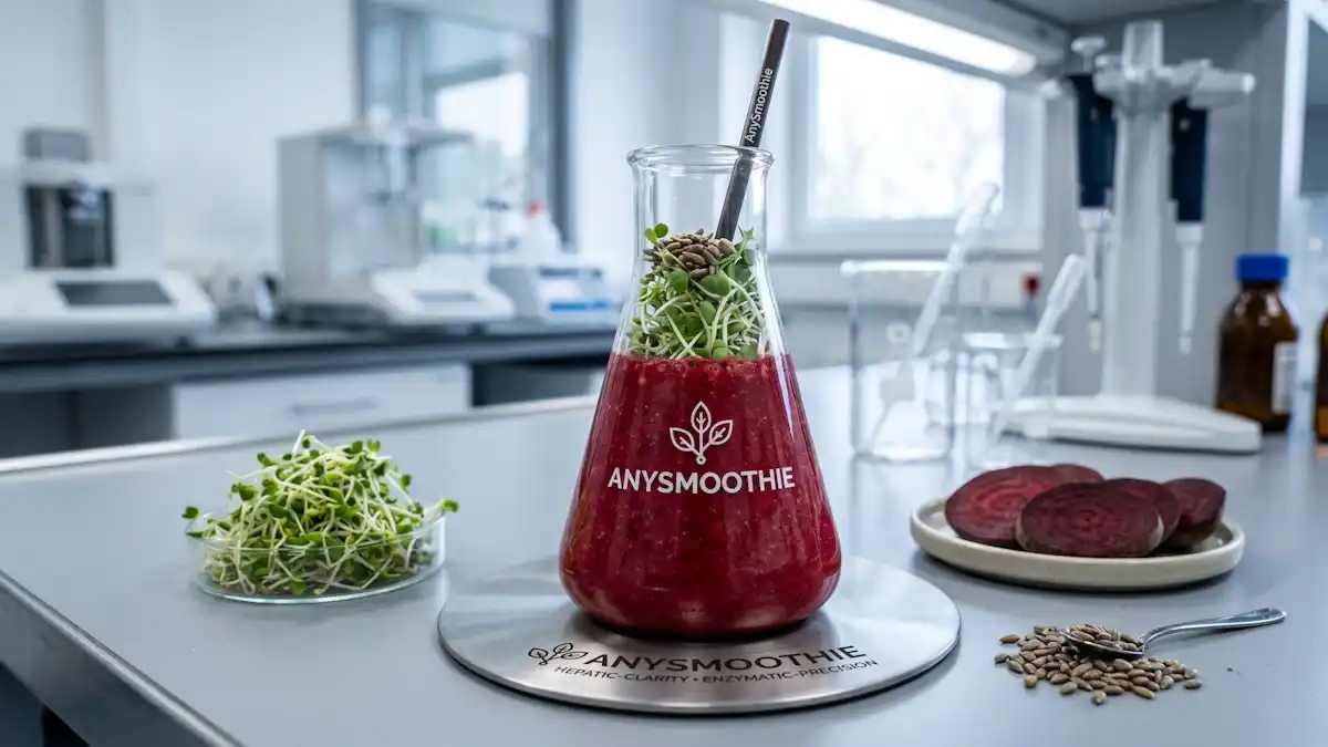 A technical, high-performance beet and broccoli sprout smoothie in a laboratory flask, optimized for morning smoothie protocols and hepatic phase II support through targeted biochemical mechanics.