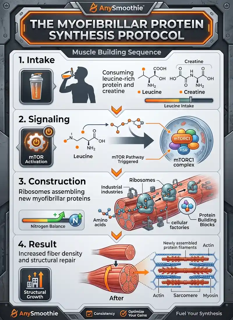 Infographic explaining the myofibrillar protein synthesis smoothie protocol for AnySmoothie, detailing the biochemical sequence from leucine-rich protein intake and mTORC1 activation to ribosomal assembly and sarcomere reinforcement for optimized fiber density.