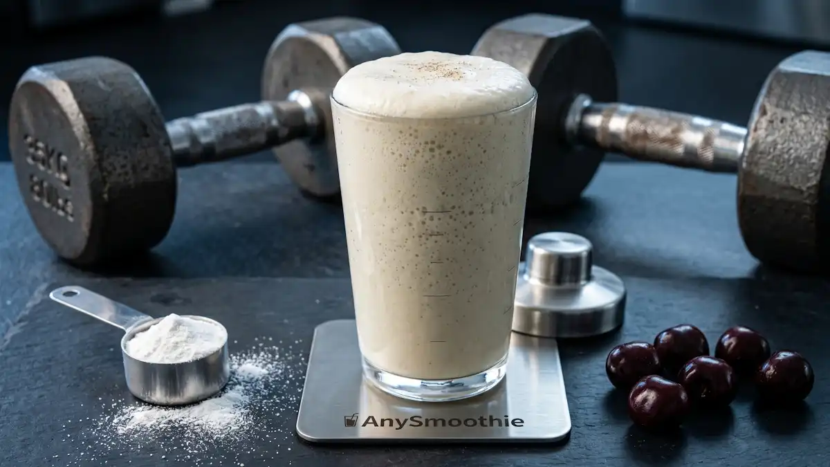 A professional high-performance shot of a vanilla protein smoothie with white creatine powder and dumbbells, illustrating the biochemical support for myofibrillar protein synthesis and muscle-precision pathways.