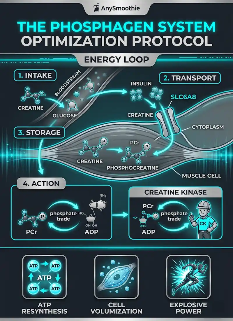 Infographic illustrating the Phosphagen System Optimization Protocol for AnySmoothie, detailing the biochemical energy loop of creatine and glucose transport via SLC6A8 for ATP resynthesis and explosive power.