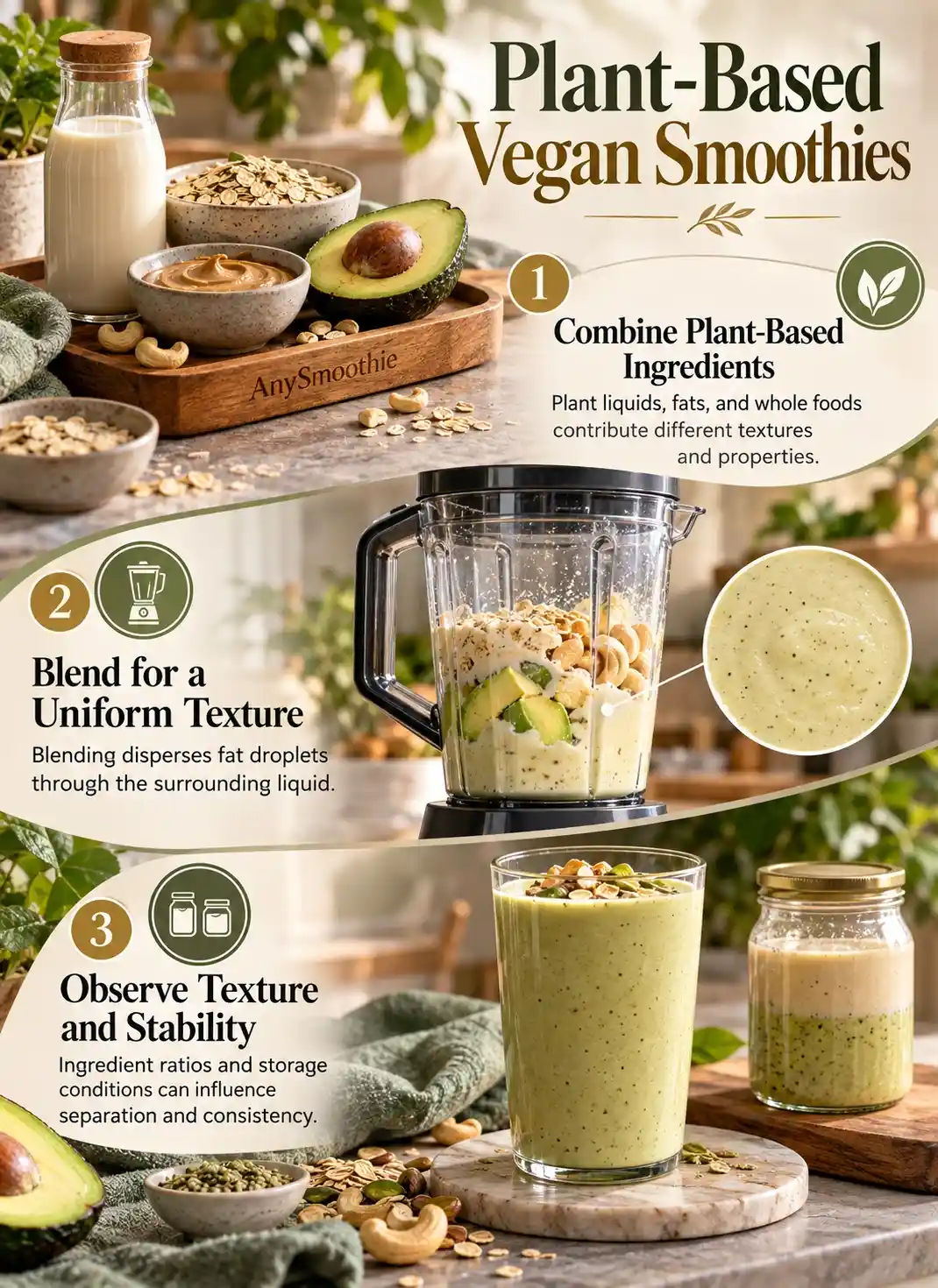 Plant-Based Vegan Smoothies infographic showing plant milk, avocado, oats, and cashew butter, with blending techniques and a comparison of smoothie texture and natural separation.