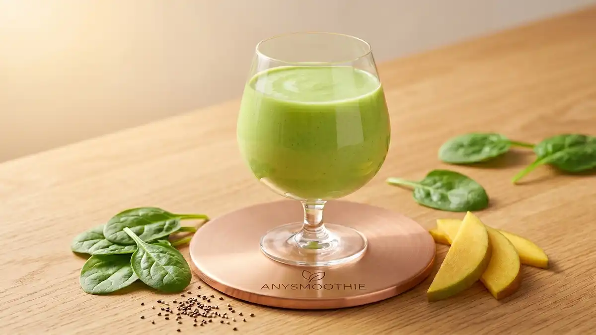 An elegant glass of vibrant green smoothie with baby spinach, mango, and chia seeds on a copper AnySmoothie coaster, designed as a nutrient-dense smoothie support for gestational homeostasis and foundational physiological strength.