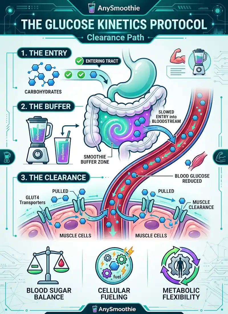 Professional infographic titled 'The Glucose Kinetics Protocol' by AnySmoothie. It visualizes the 'Clearance Path': carbohydrates entering the tract, the smoothie acting as a buffer to slow bloodstream entry, and muscle cells utilizing GLUT4 transporters to pull glucose from the blood. High-tech teal and neon violet style.