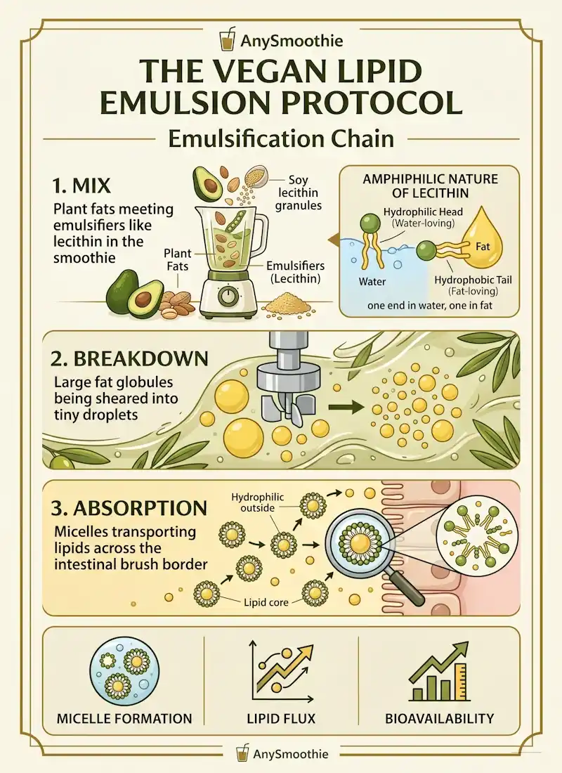 Infographic titled 'The Vegan Lipid Emulsion Protocol' by AnySmoothie, detailing the biochemical mechanics of optimizing plant-based lipid emulsions through lecithin emulsification and micelle formation for enhanced bioavailability.