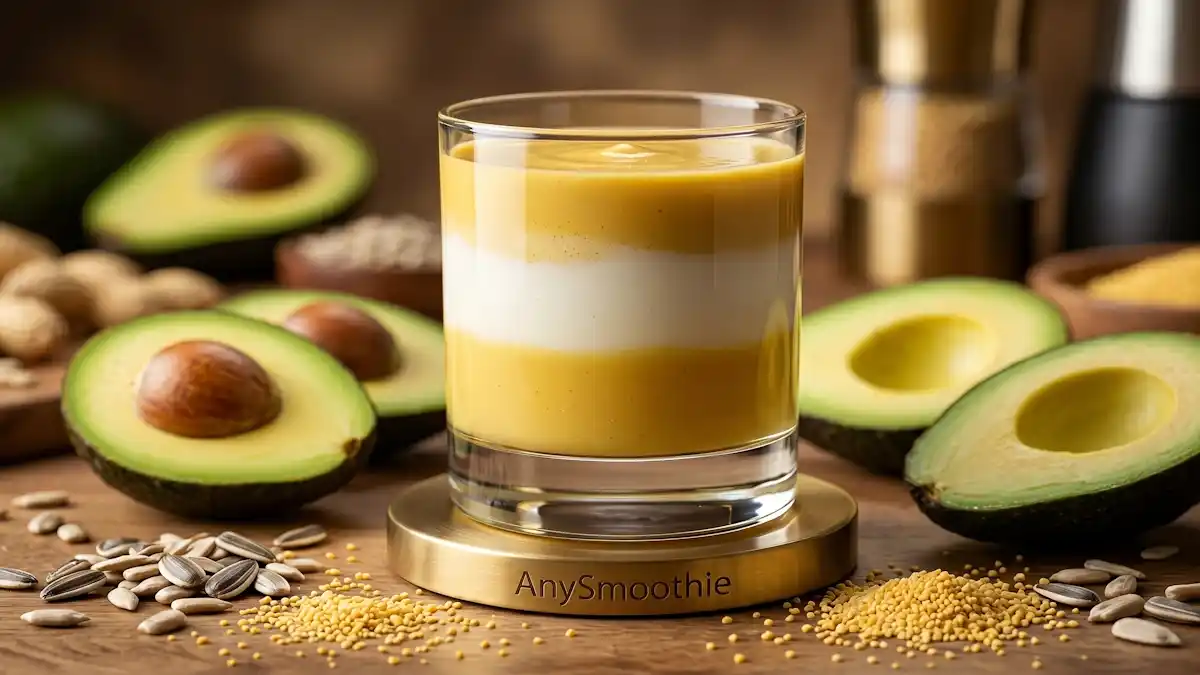 High-performance shot of a creamy white and gold layered AnySmoothie in a minimalist glass on a laser-etched brass coaster. The scene features avocado cross-sections, sunflower seeds, and lecithin granules, illuminated by velvety lighting to highlight the stability of plant-based lipid emulsions.