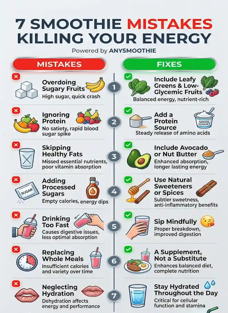 "An infographic by AnySmoothie titled '7 Smoothie Mistakes Killing Your Energy' featuring a side-by-side checklist of common errors like overdoing sugary fruits and skipping healthy fats, paired with nutritional fixes using red X and green checkmark icons."