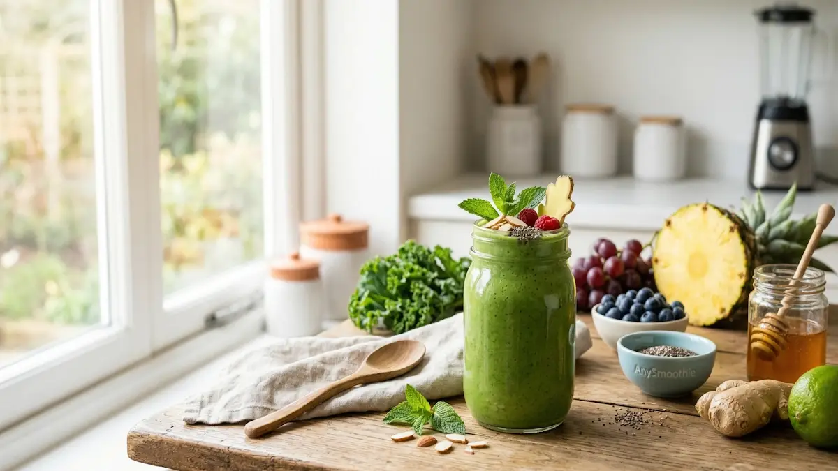 Fresh green morning smoothies for energy without caffeine in a glass jar garnished with mint, surrounded by pineapple, blueberries, and ginger on an oak table. Naturally lit scene with the AnySmoothie logo on a blue ceramic bowl.