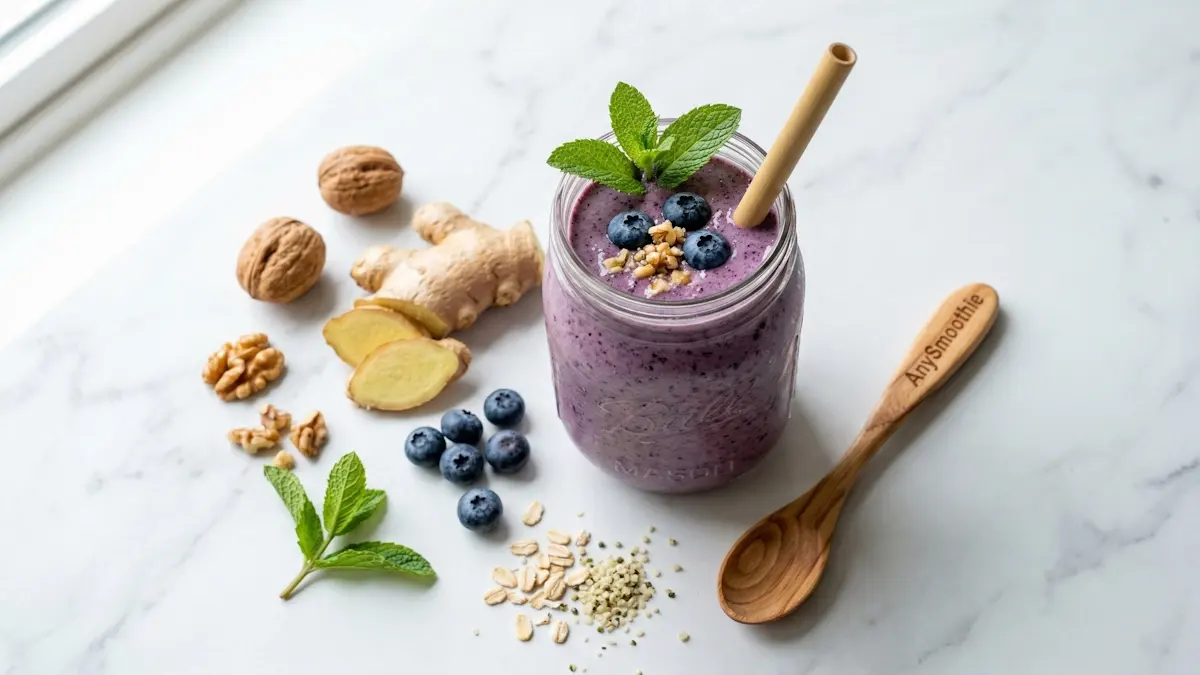 Overhead shot of a best smoothies for lupus in a jar with ginger, walnuts, and a wooden spoon engraved with the AnySmoothie logo on a marble surface.