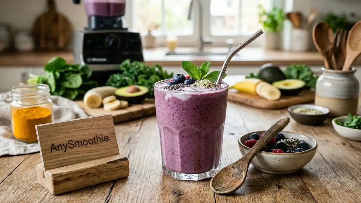 High-quality photo of a purple antioxidant glutathione smoothie on an oak kitchen table, featuring fresh blueberries, spinach, avocado, and a wooden sign with the AnySmoothie logo in natural light.