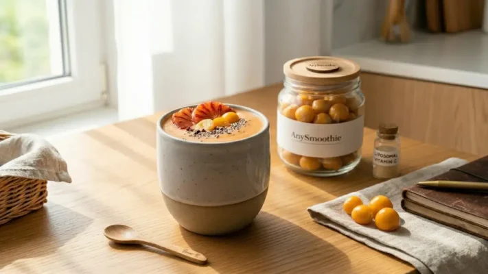 A vibrant 16:9 editorial photograph of a creamy, blood-orange-colored liposomal Vitamin C smoothie in a speckled ceramic tumbler, garnished with blood orange slices, whole gooseberries, and chia seeds, set on a sunlit wooden counter. Beside it, a glass jar filled with Physalis berries has a minimalist label and features the "AnySmoothie" brand text hand-carved into a small wooden disc on its natural wooden lid. A vintage bottle labeled "LIPOSOMAL VITAMIN C" and a stack of antique botanical notebooks with a brass pen reinforce the theme of powerful, scientifically-backed immunity. The overall aesthetic is rich in warm orange tones, natural textures, and soft daylight, creating a clean yet powerful and inviting atmosphere suitable for a natural health feature.