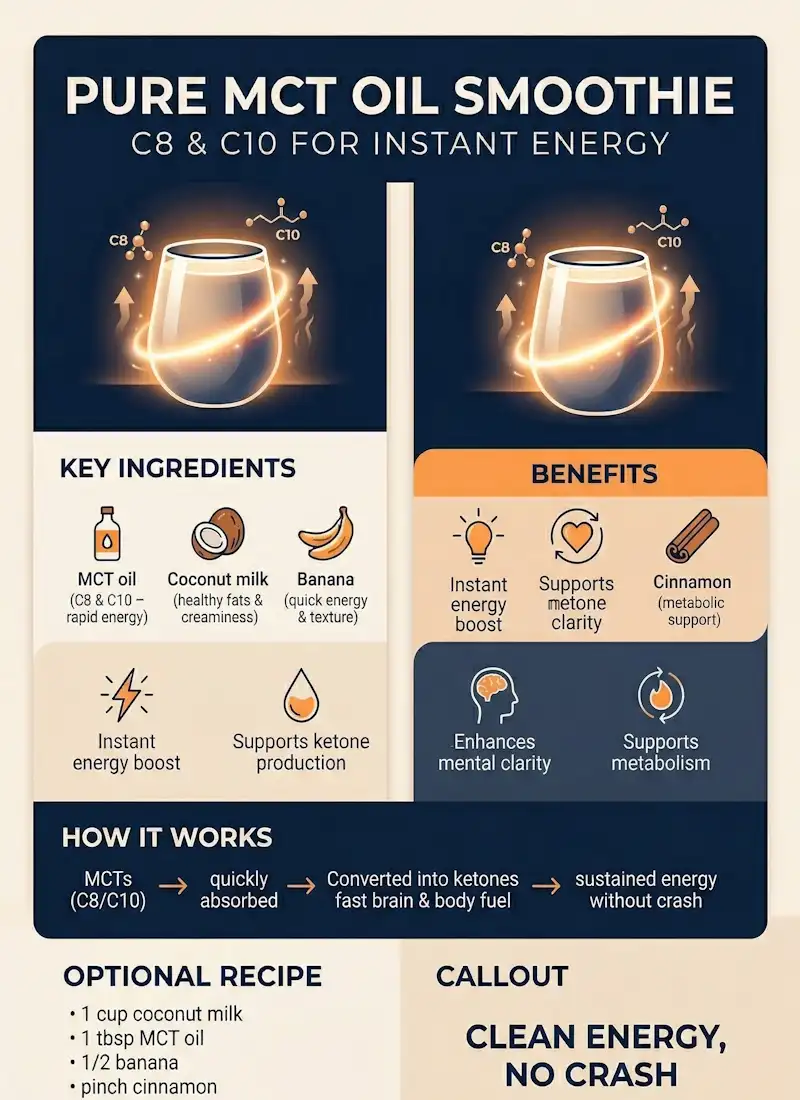 Infographic by AnySmoothie for a Pure MCT Oil Smoothie (C8 & C10) explaining how medium-chain triglycerides provide instant energy, support ketone production, and enhance mental clarity.