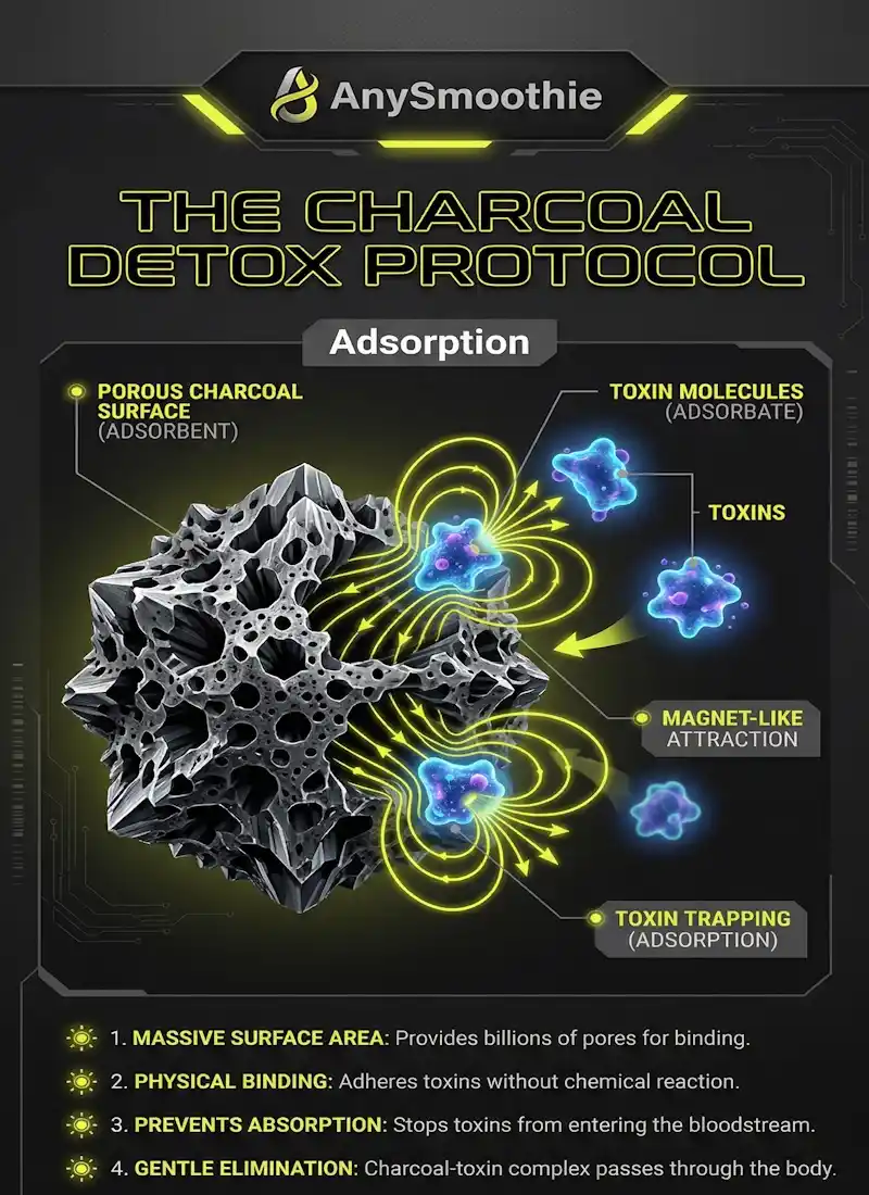 Scientific infographic titled The Charcoal Detox Protocol by AnySmoothie, explaining the adsorption process where toxin molecules are trapped by a porous charcoal surface.