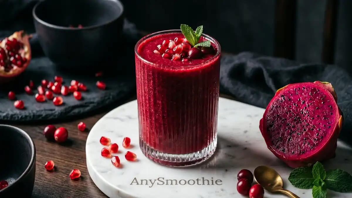 "Deep ruby-red pomegranate and cranberry smoothie in a ribbed glass on an AnySmoothie marble coaster, featuring dragon fruit and antioxidant-rich ingredients for gut health."