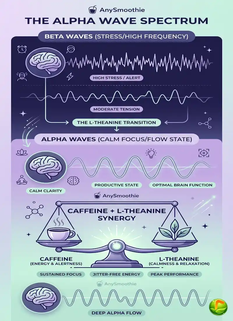 Infographic titled The Alpha Wave Spectrum by AnySmoothie showing the transition from high-stress Beta waves to calm-focus Alpha waves using L-theanine and caffeine synergy.