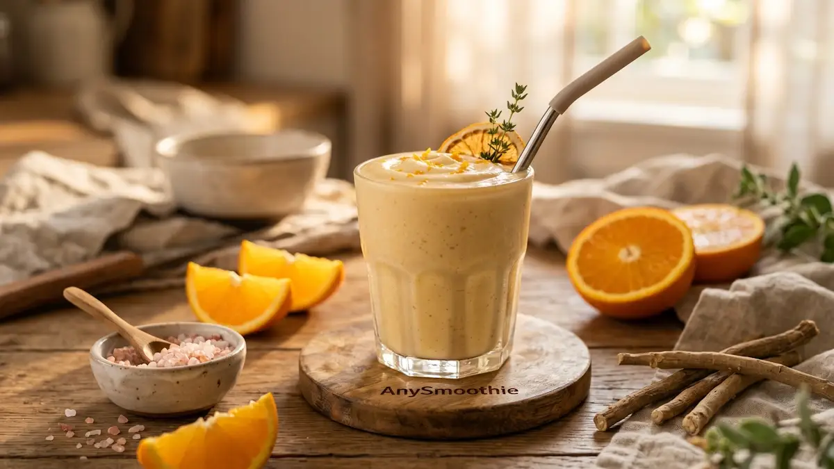 Creamy pale-orange smoothie on a laser-etched AnySmoothie wooden coaster, surrounded by fresh orange slices, pink Himalayan salt, and whole Ashwagandha roots in warm golden hour light.